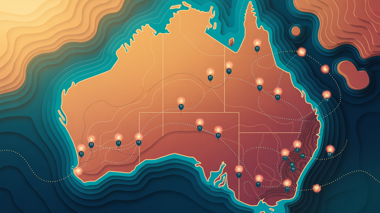 Topographic map of Australia with routes